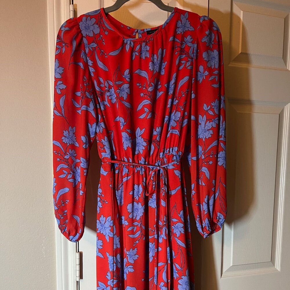 Women's Ann Taylor Long Sleeve Red Dress with Blue Flowers Floral Dress - Small